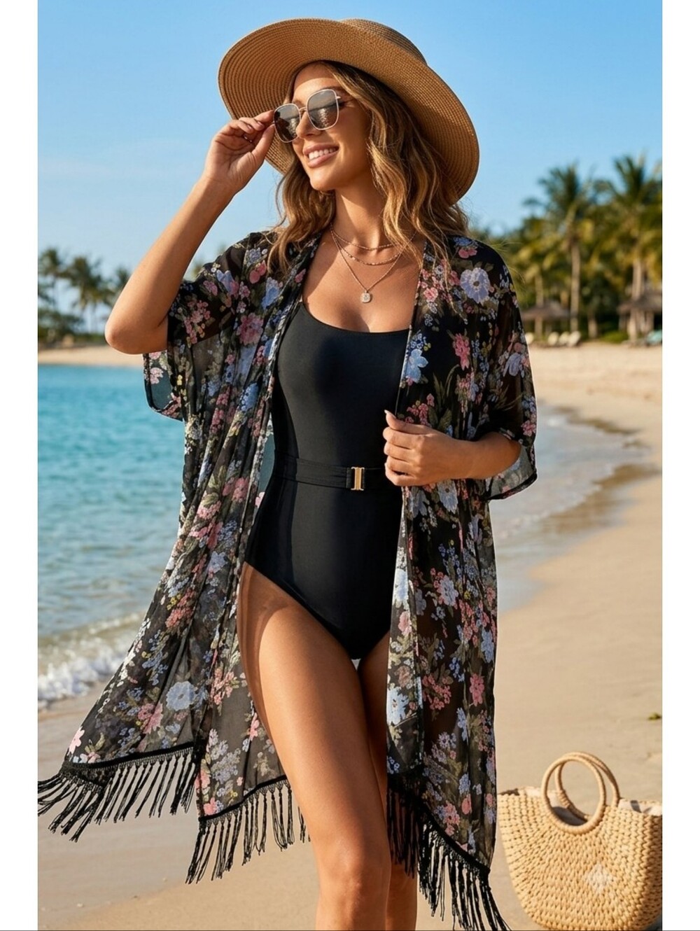 Time And Tru Black Sheer Floral Kimono With Fringe One Size - Picture 1 of 10